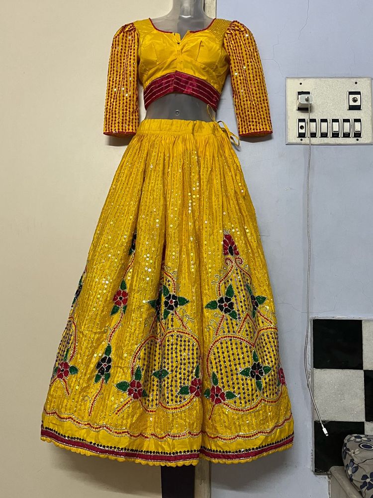 Full Work Embodiment Yellow Lehenga Choli