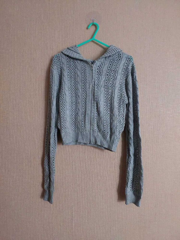Grey Knit Zip-Up Hoodie