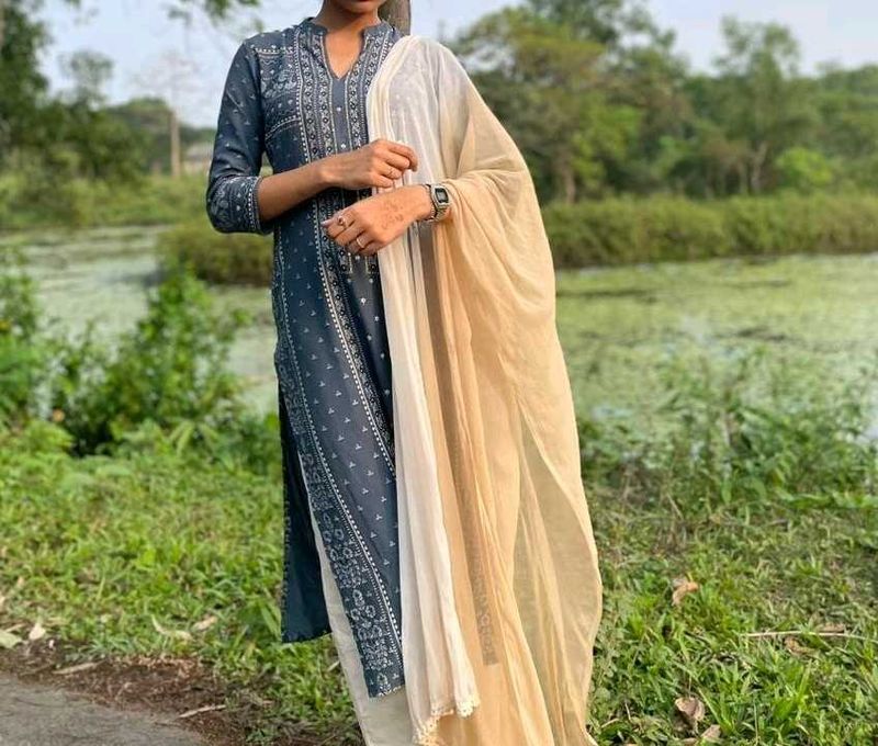 Juniper Blue And Off-white Kurta