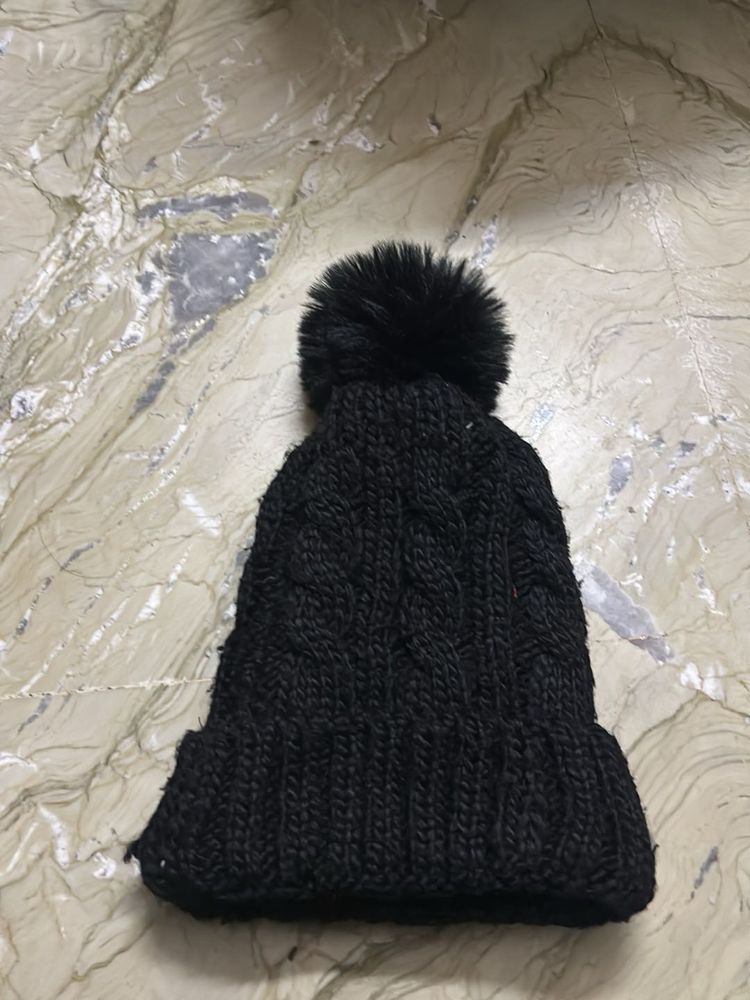 Black Knit Beanie with Pom