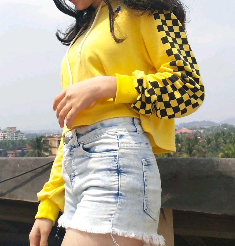 Yellow Checkerboard Sleeve Crop Hoodie
