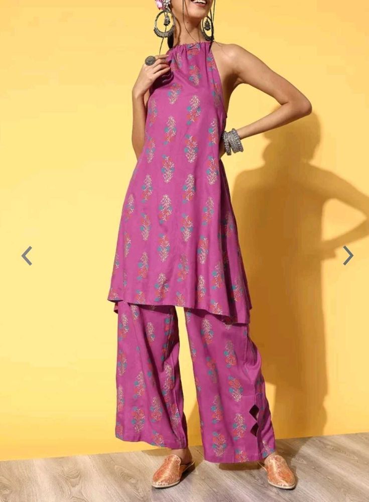 Pink Printed Halter Neck Kurta Set