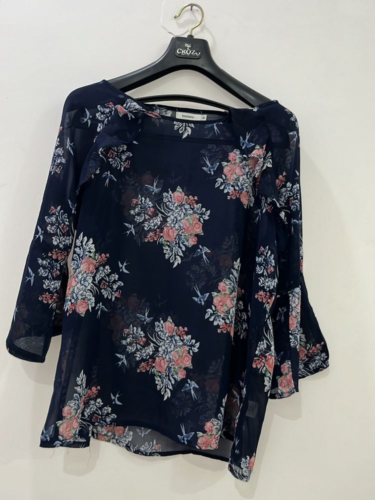 Sheer Floral Print Round Neck Top