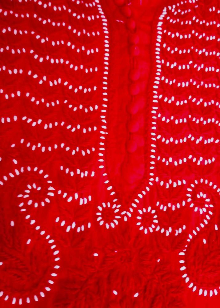 Handwork Chikenkari Red Embroidered Kurta