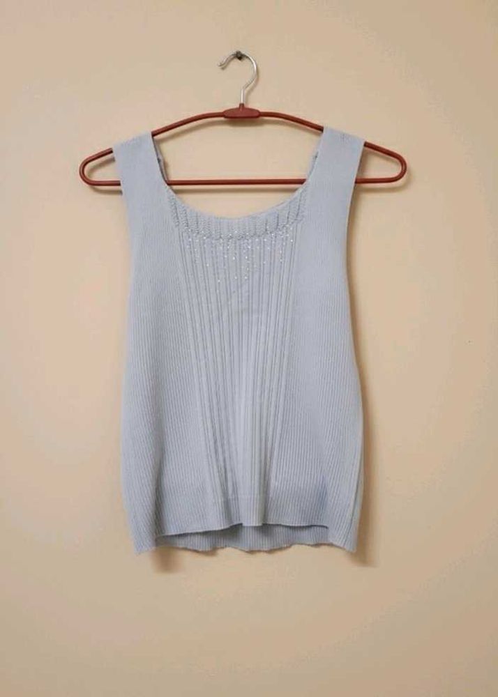 Light Blue Ribbed Knit Tank Top with Sparkle