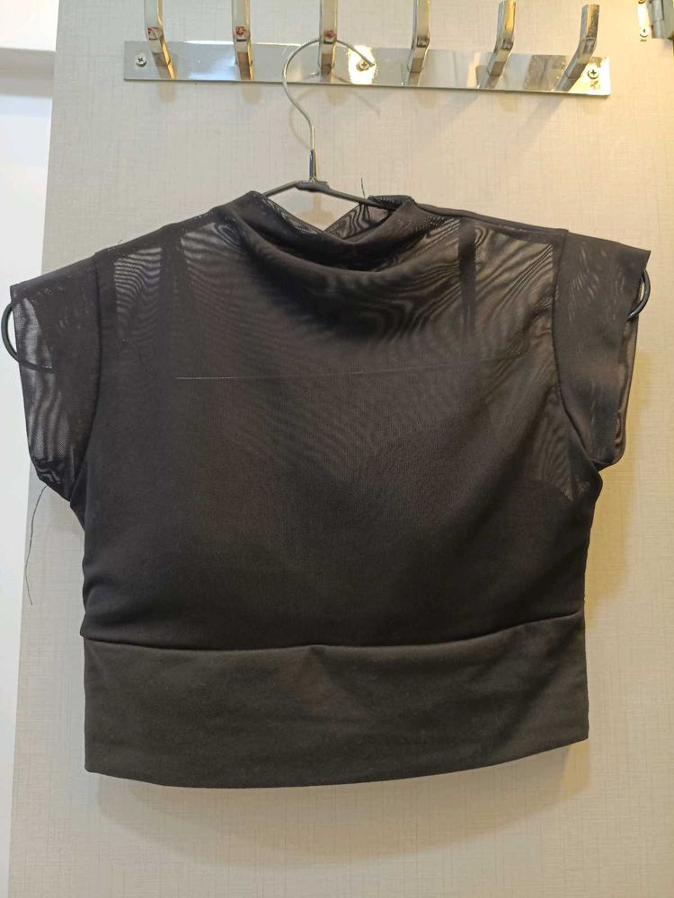 Black Mesh Mock Neck Top