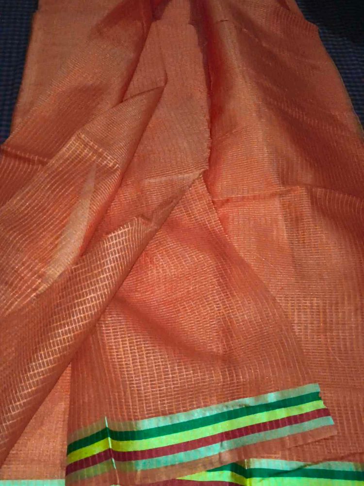 Orange Sari with Striped Border