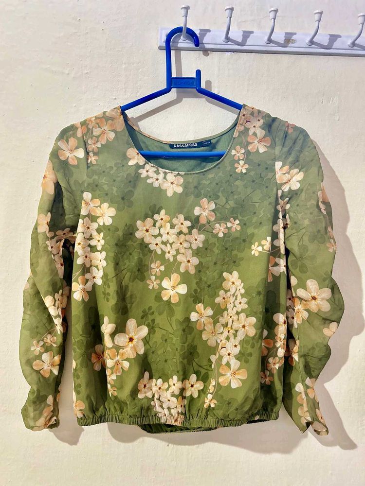 Olive Green &amp; Beige Floral Georgette Blouson Top