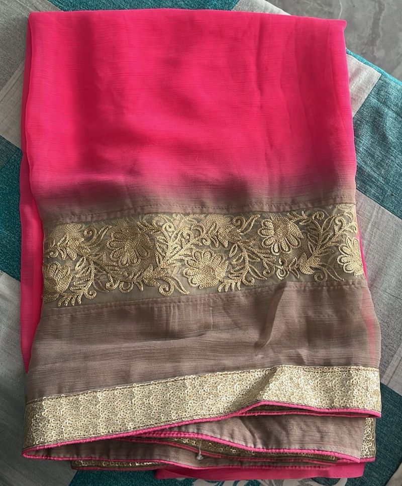 Pink &amp; Gold Embroidered Saree