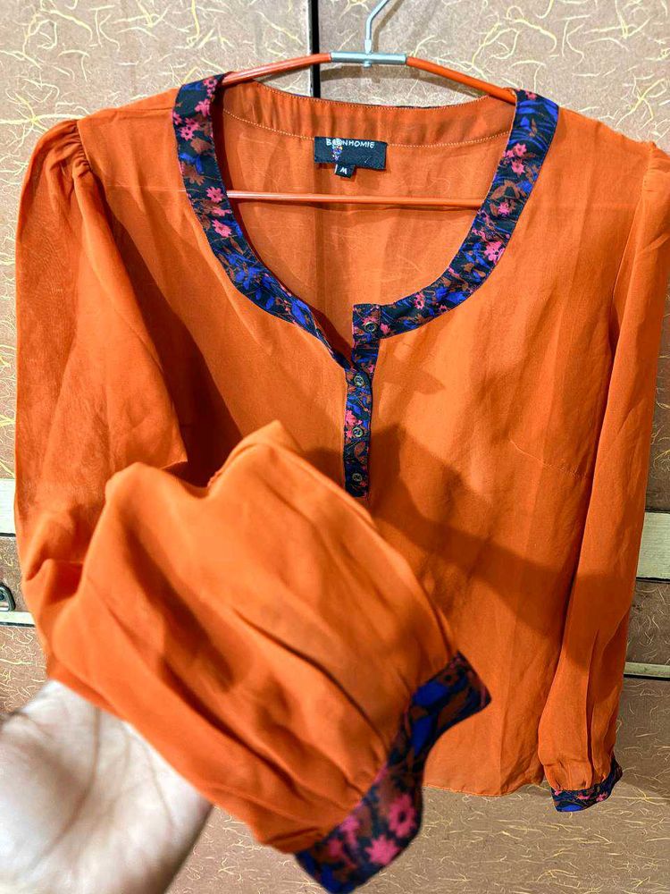 Orange Floral Trim Top