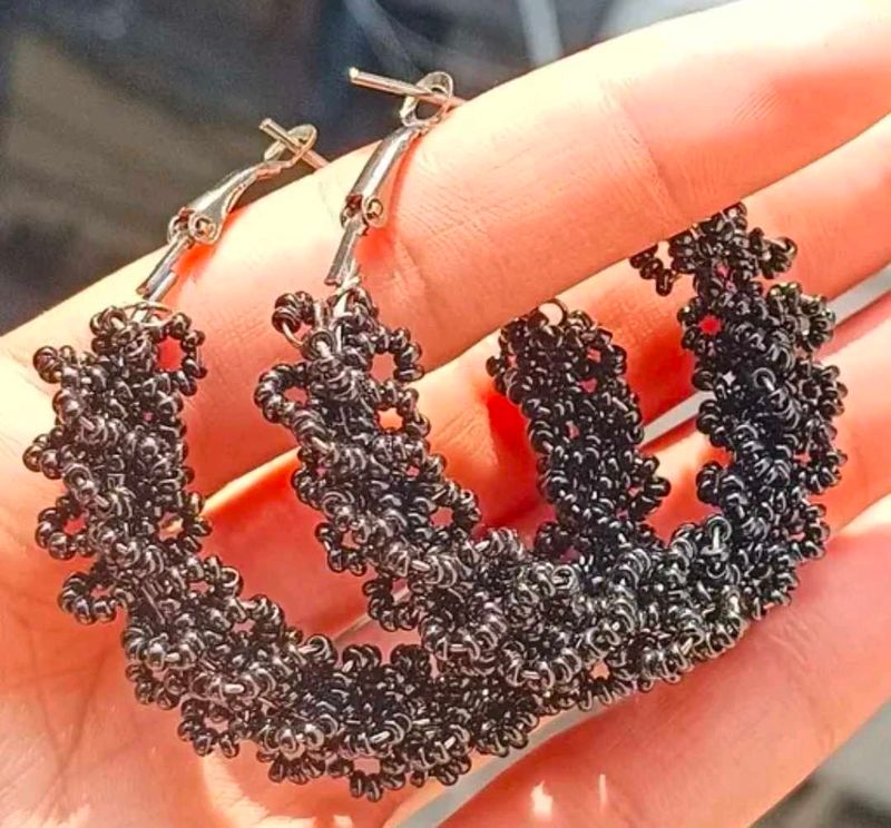 Black Beaded Hoop Earrings