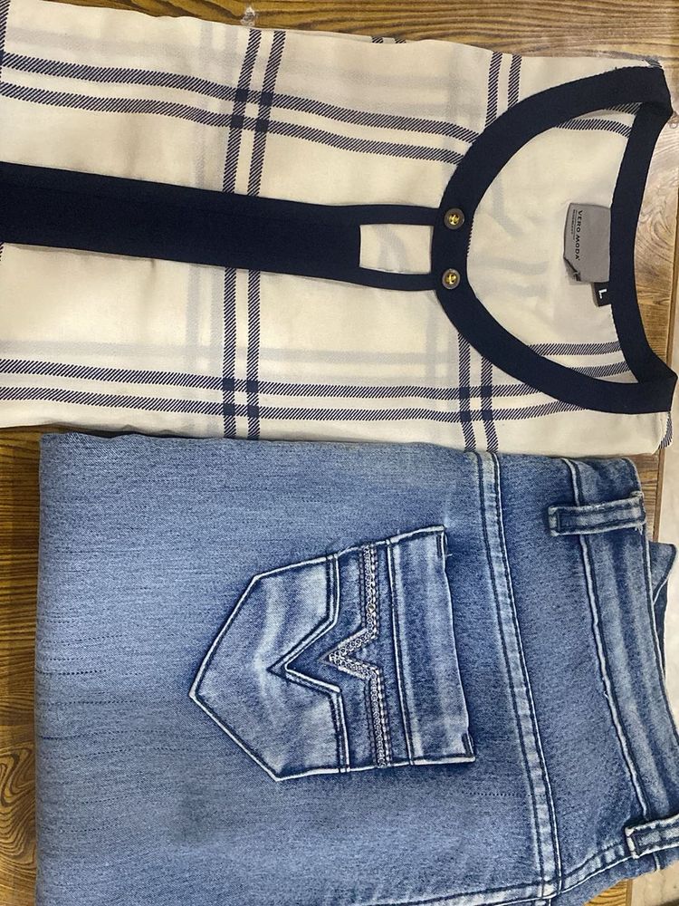 White Blue Vero Moda Top &amp; Slim Fit Denim Combo