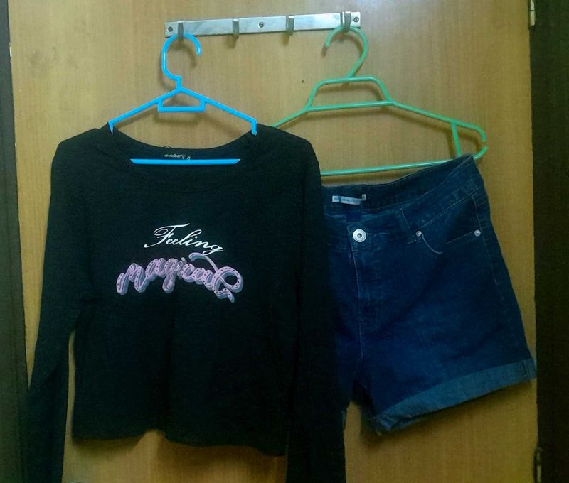 Top and denim shorts