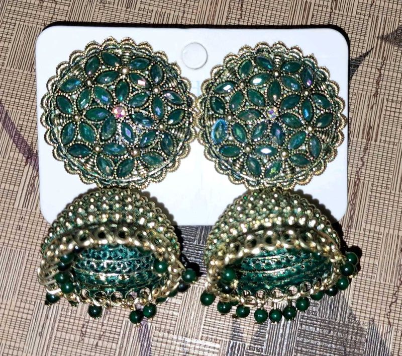 Emerald Green And Pink Jhumka Earrings