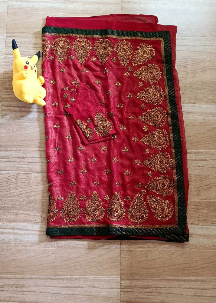 Red Embellished Saree with blouse