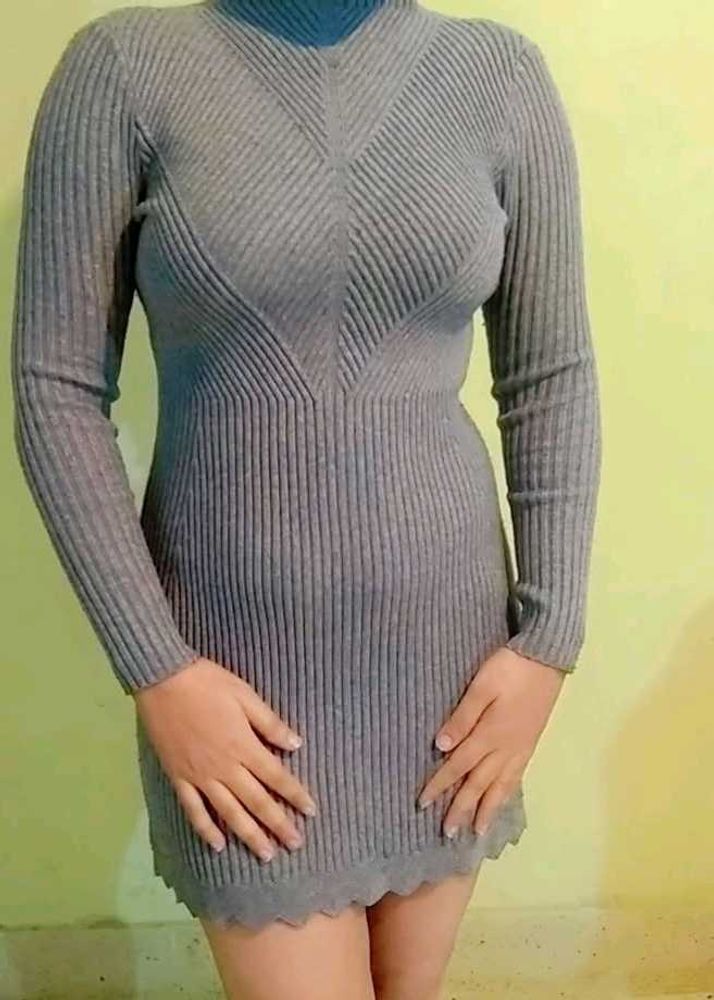 Gray Ribbed Knit Mini Dress