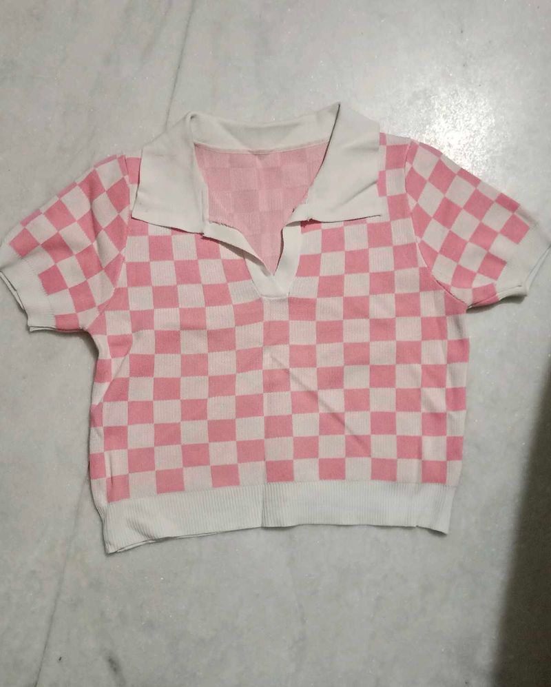 ✨ Pink Checkerboard Knit Polo Top ✨