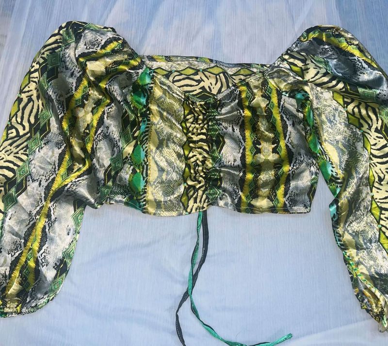 Green Patterned Crop Top
