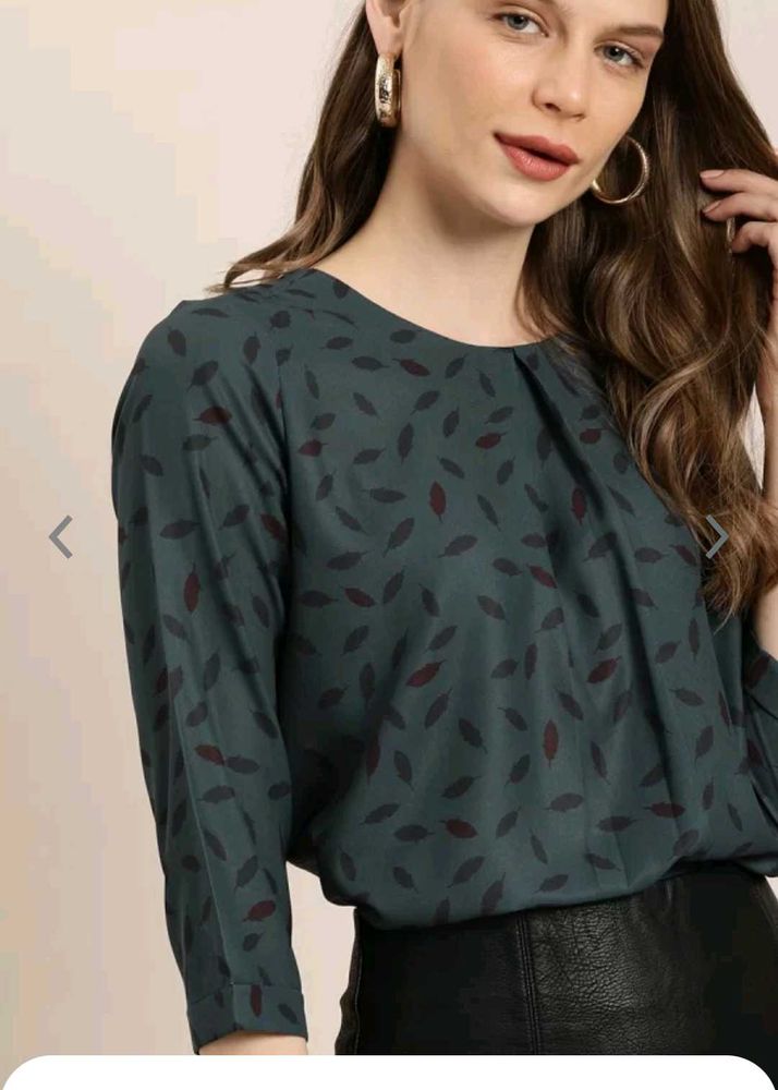 Teal Leaf Print Long Sleeve Top