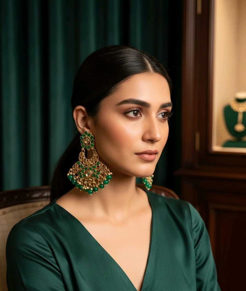 Traditional Green Kundan Chandbali Earrings