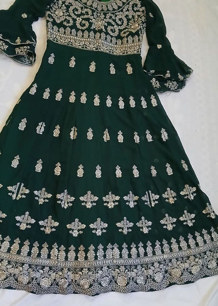 Green Long Frock Gown Type White Work