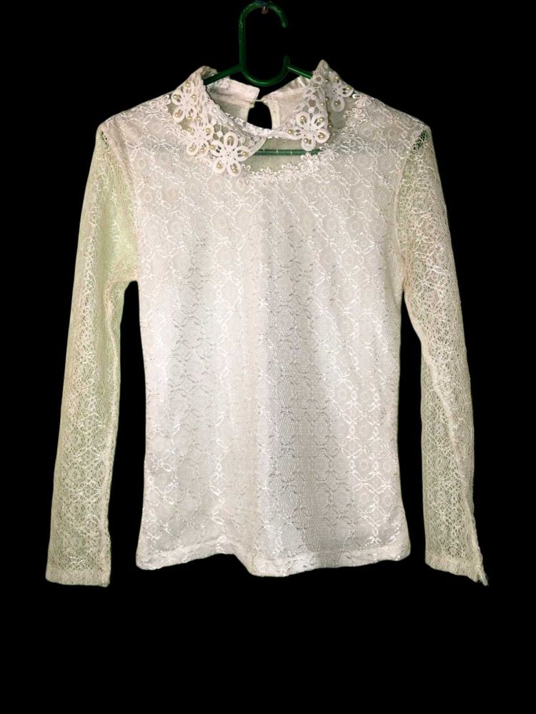 White Pearl Collar Full-Sleeve Top- simple &amp; class