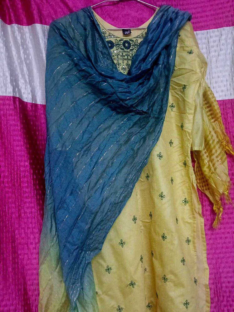 Yellow Embroidered Kurti Set