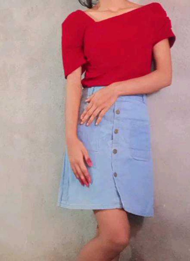 Cute maroon top and blue denim skirt set