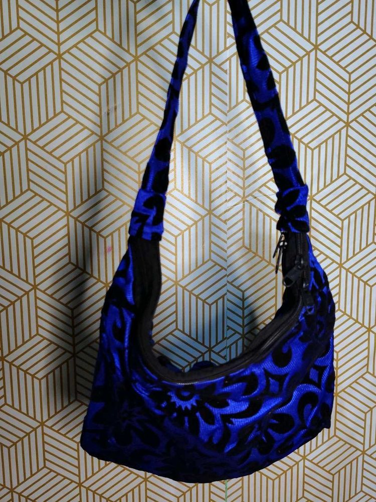 Blue &amp; Black Floral Velvet Bag