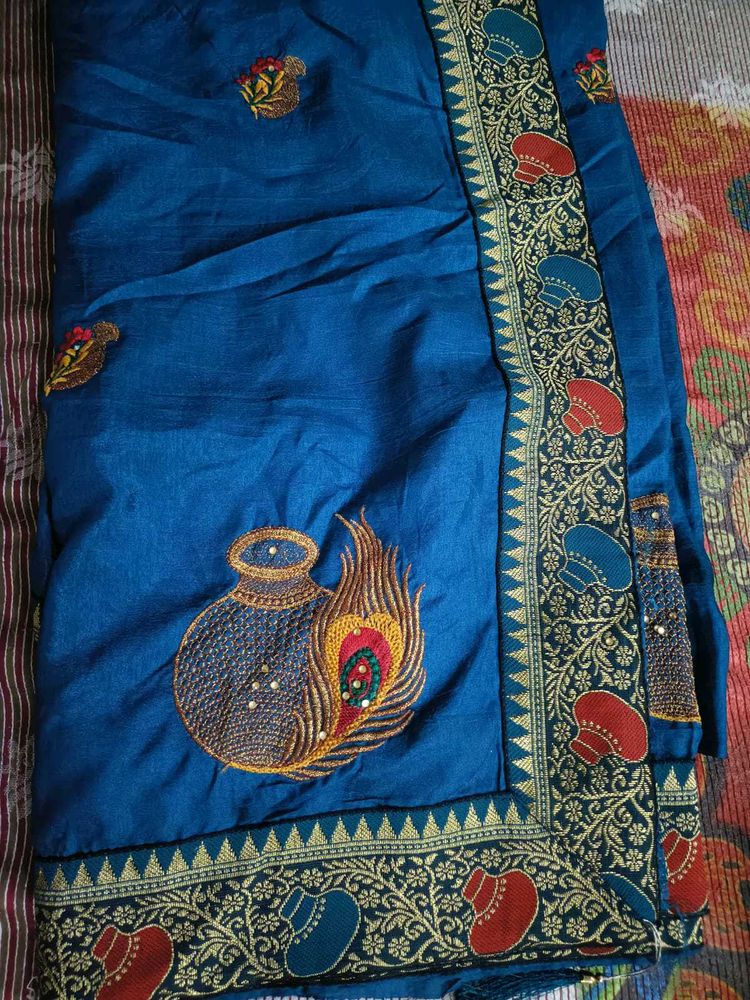 Elegant Blue Embroidered Saree