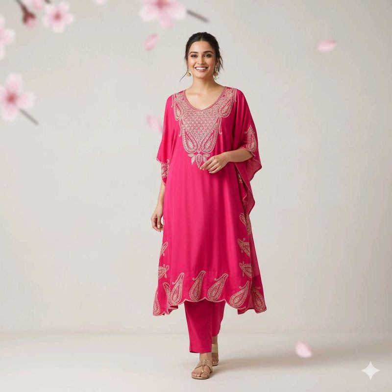 Pink Embroidered Kaftan Kurta Set made of natural