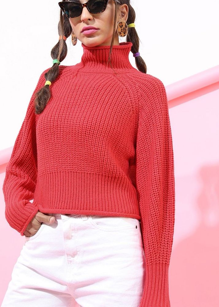 Coral Ribbed Knit Turtleneck