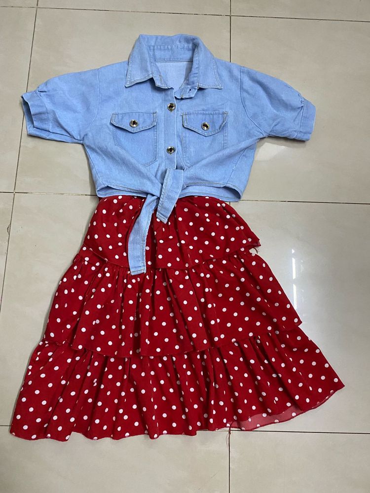 Polka Dots Frock With Tied Denim Jacket(7-8)