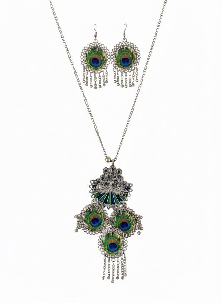 Peacock Feather Necklace &amp; Earring Set