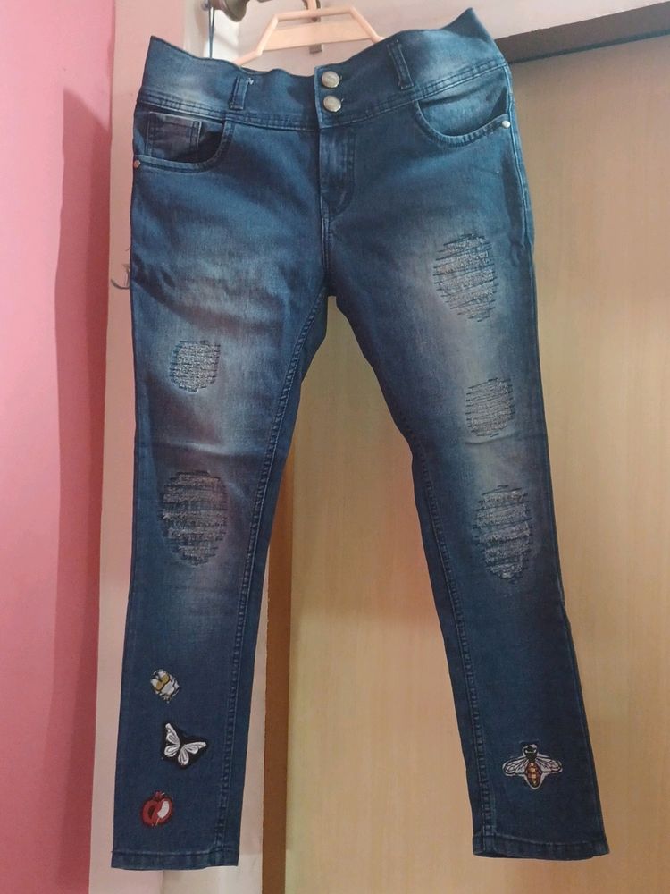 Dark Blue ,Mid Rise Skinning Jeans With Patch Work