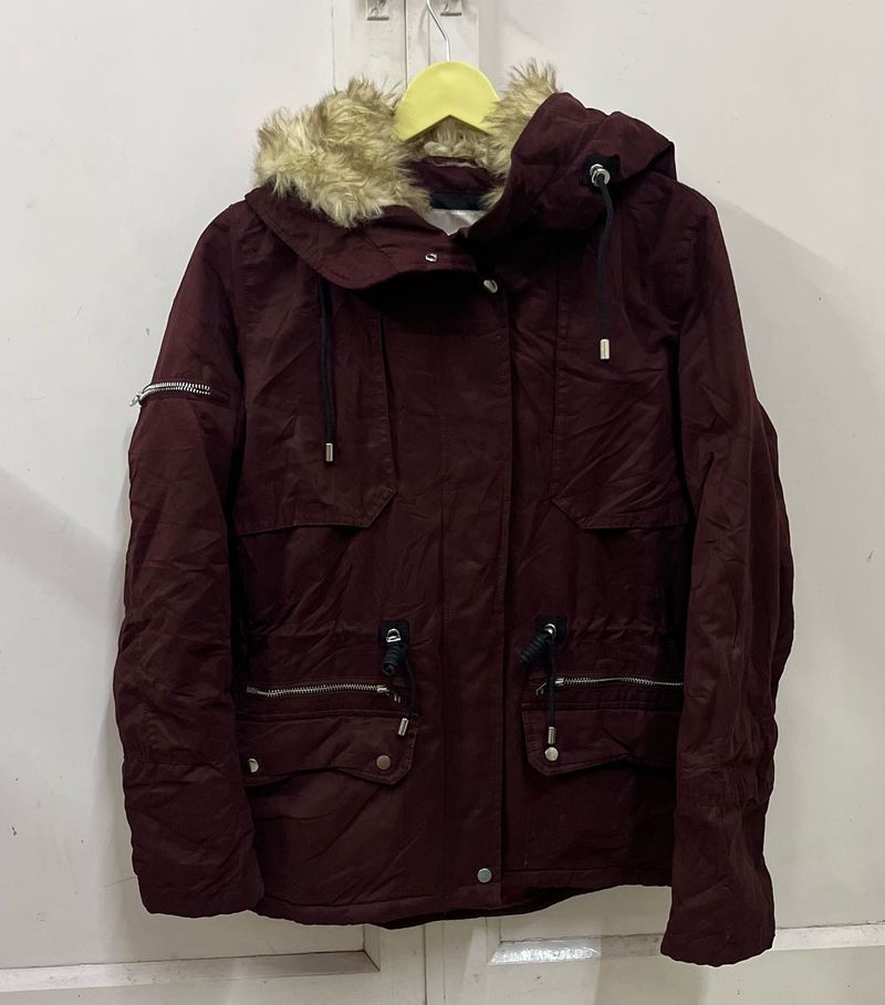 Burgundy Faux Fur Hooded Jacket