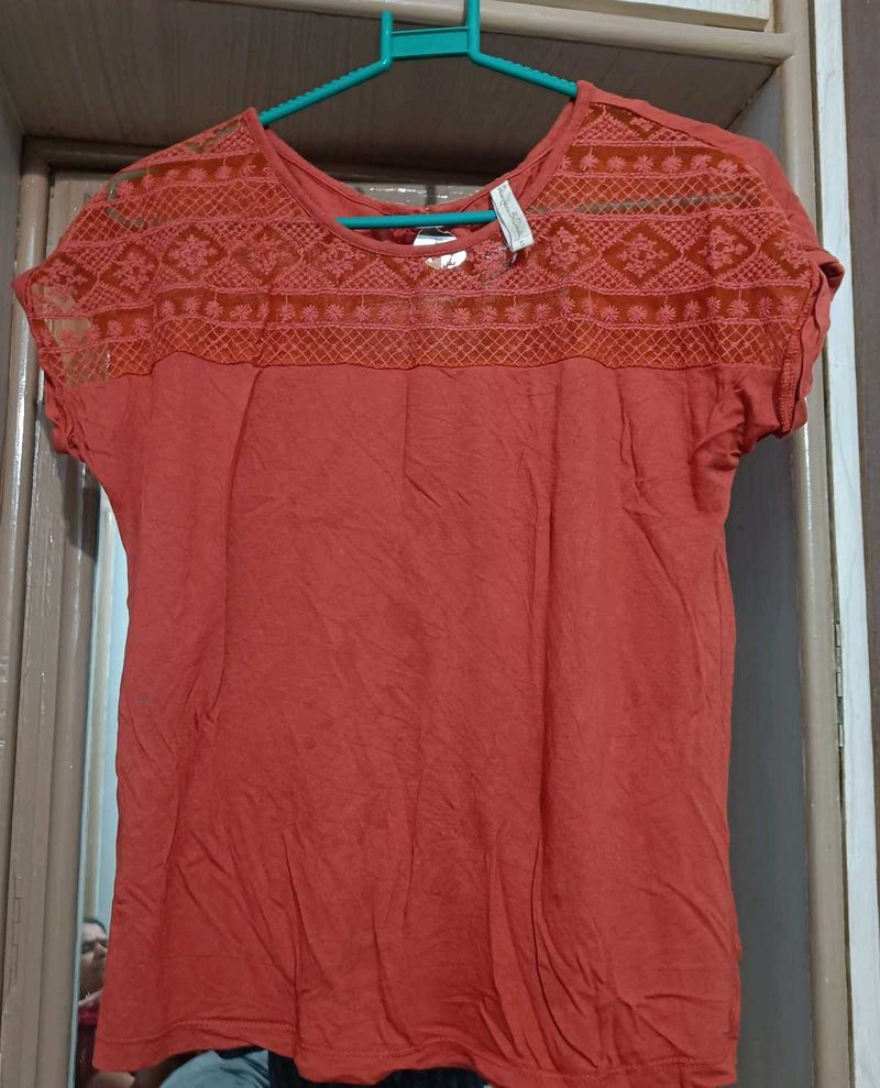 Coral Top with Lace Detail