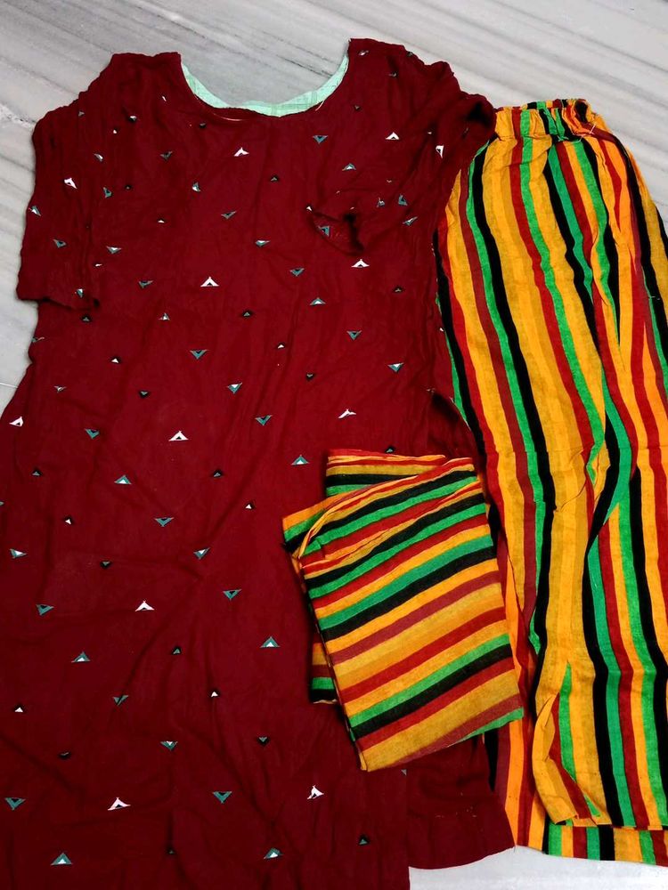 Maroon Kurta with Striped Palazzos And Duptta