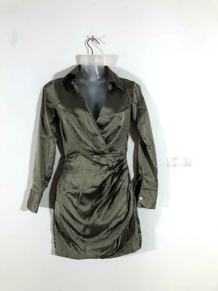 Olive Green Satin Bodycon Dress