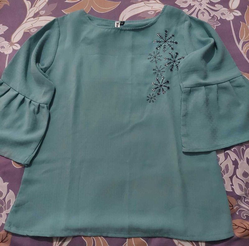 Teal Snowflake Embroidered Top