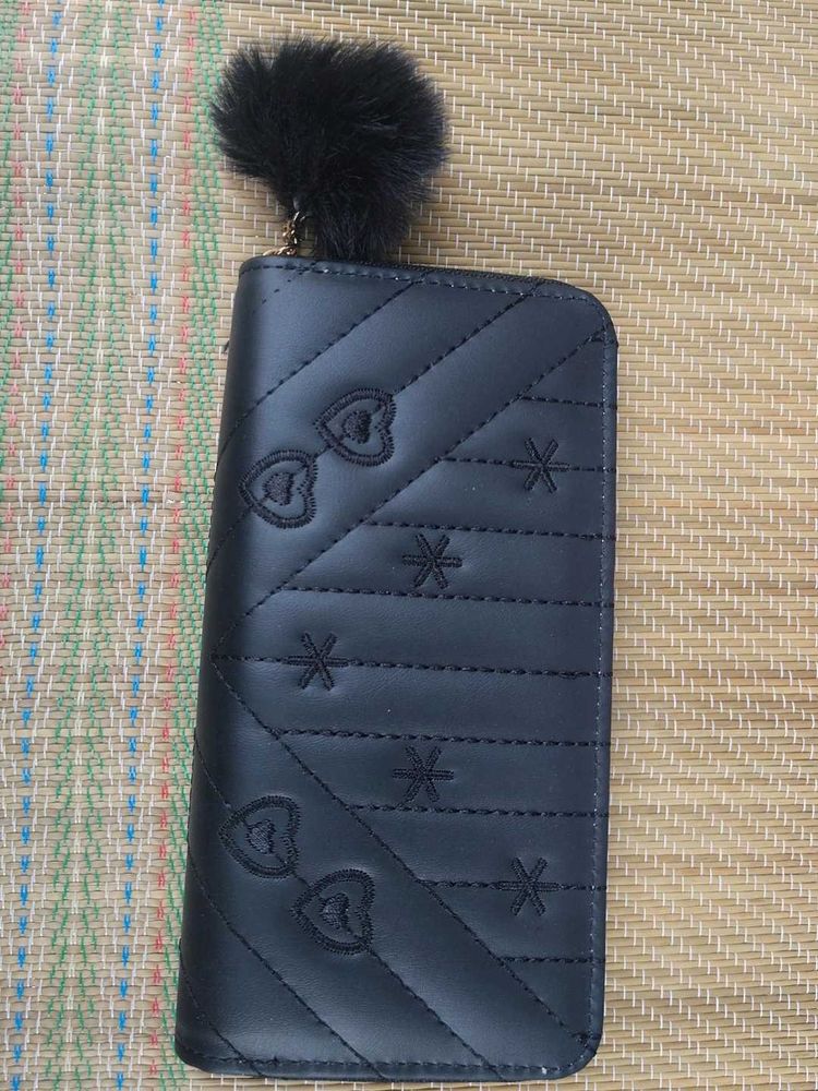 Stylish Black Wallet with Pompom