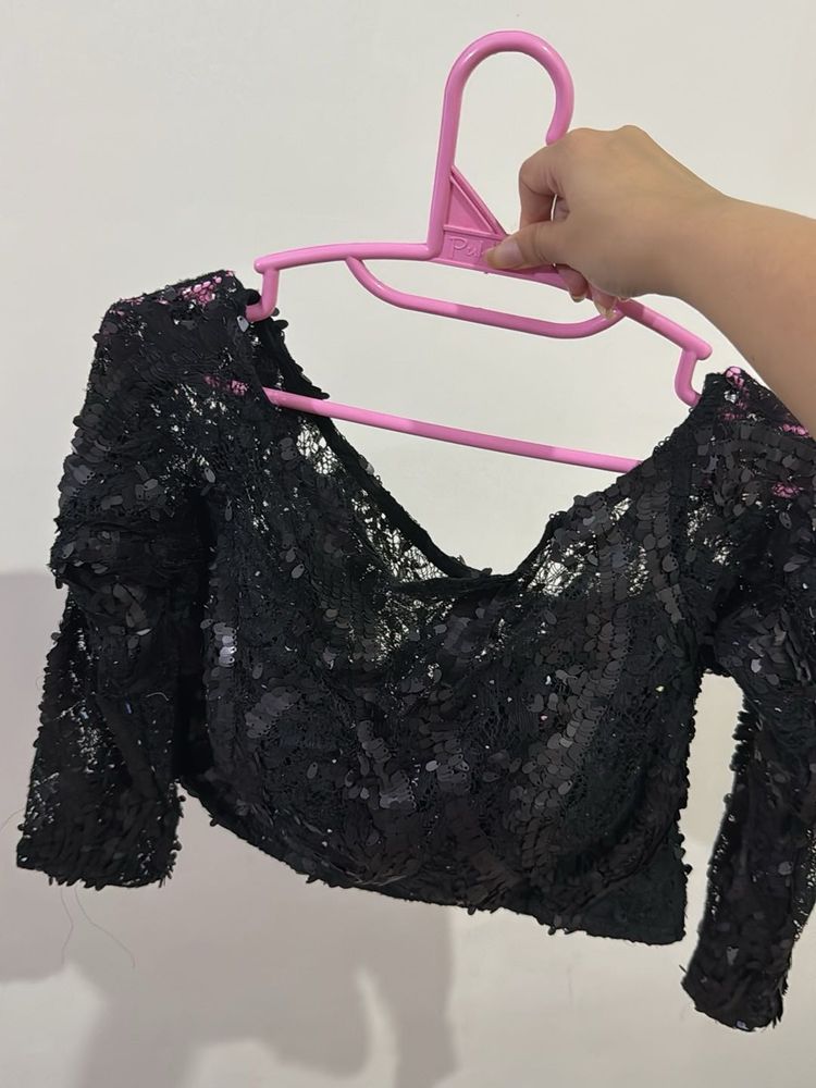 Sequin Embellished Black Crop Off shoulder Top