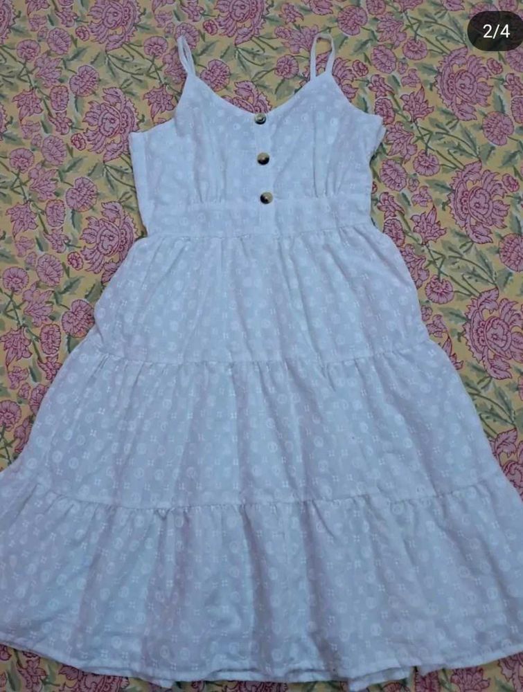 White Self Pattern Midi Dress