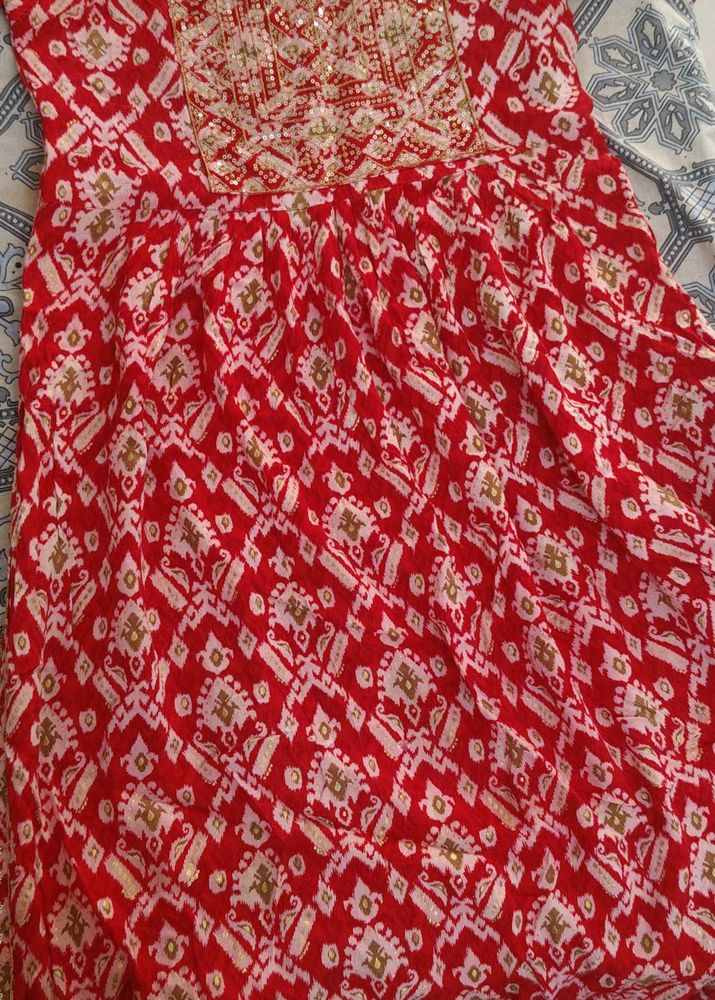 Red Printed Kurti with Embroidery