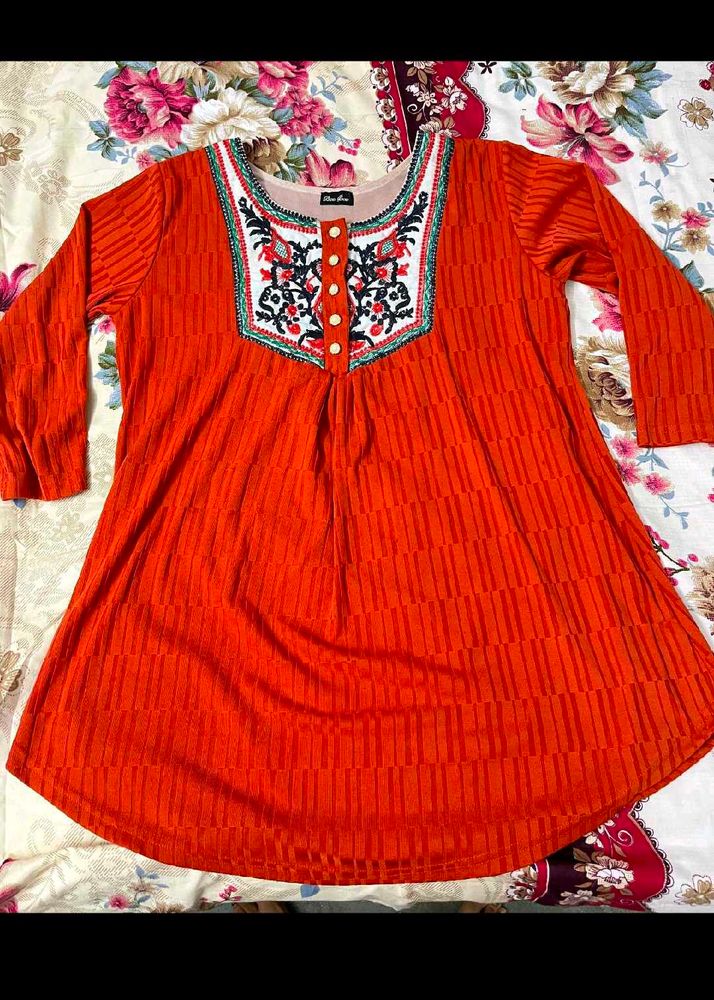 Embroidered Orange Kurti