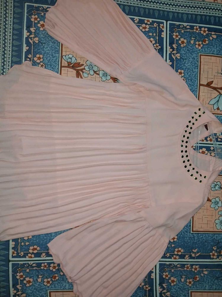 Peach Pleated Top with Bell Sleeves