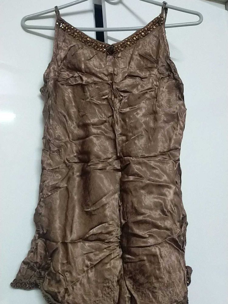 Stunning Brown Satin Inner &amp; Cotton Shirt Set