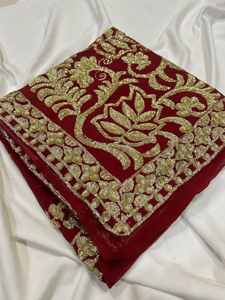 Elegant Embroidered Red Saree without blouse