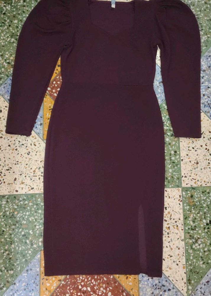 Burgundy Puff Sleeve Bodycon Dress