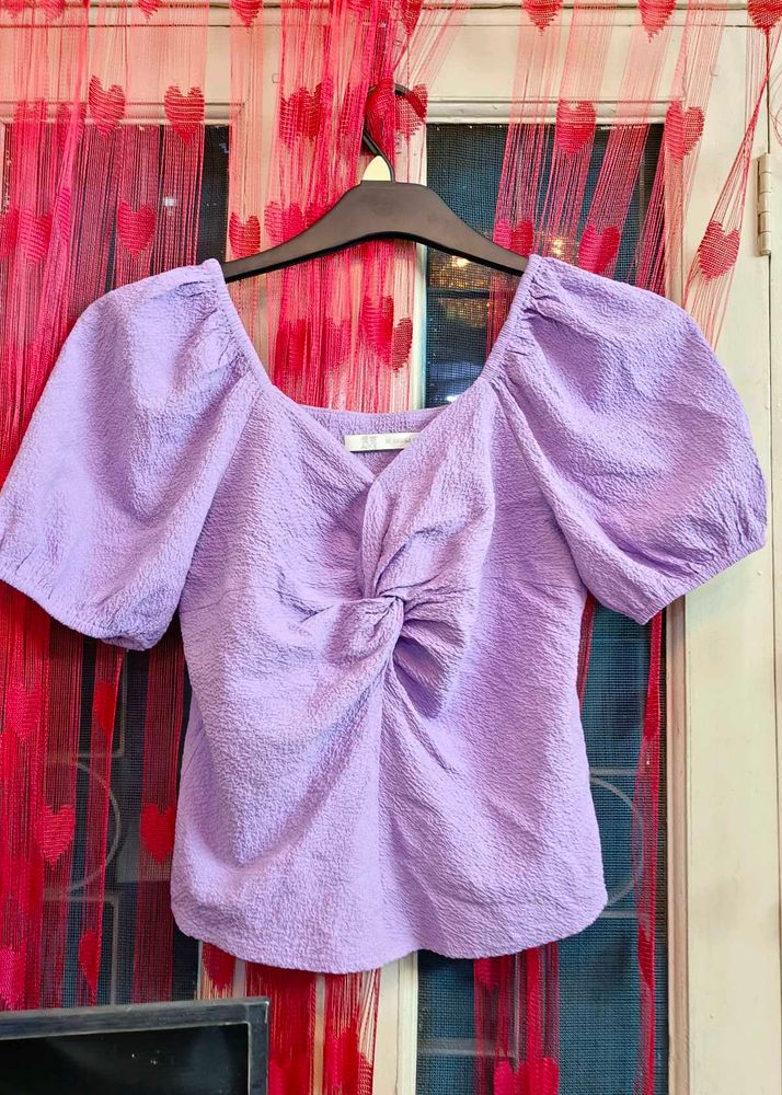 Charming Lilac Twist-Front Top with Puff Sleeves